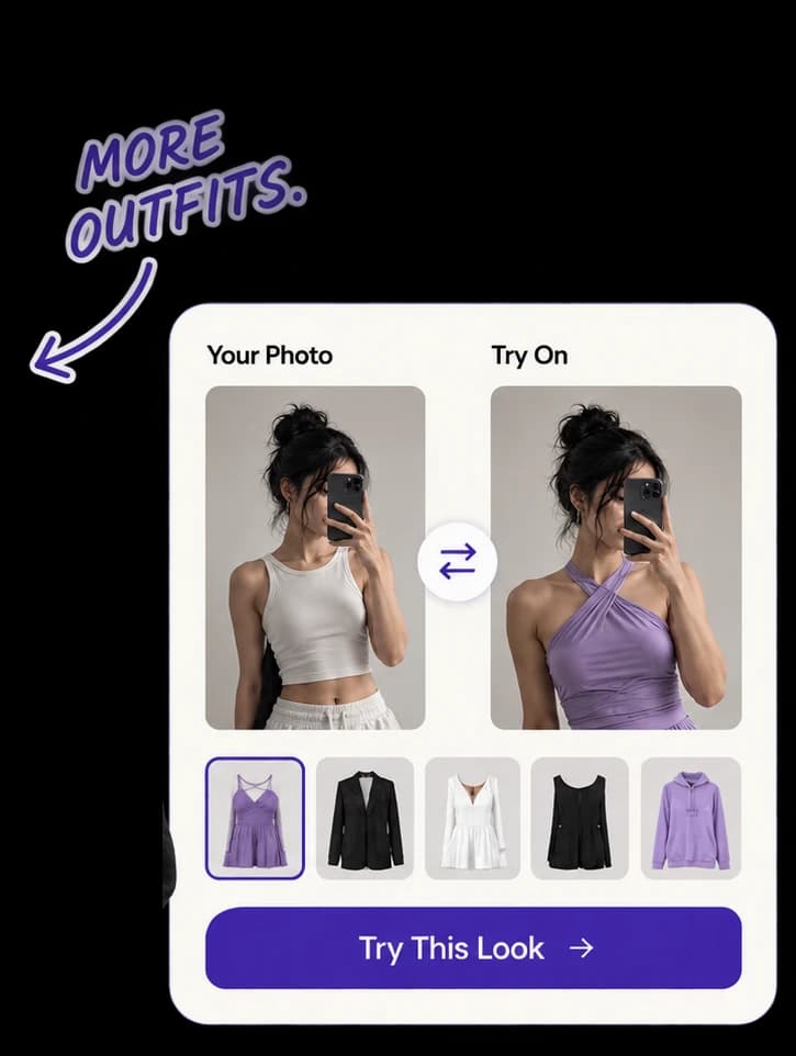 A preview card: her photo beside the same shopper wearing a different top, with a row of other garments to try